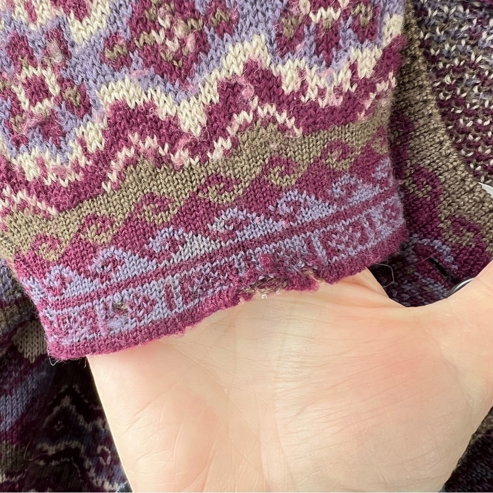 100% MERINO WOOL VINTAGE BUTTON FRONT CARDIGAN PURPLE GREEN SIZE LARGE - Picture 6 of 7